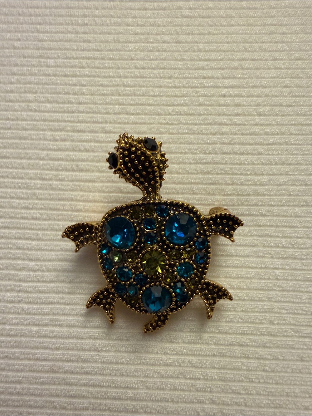 Vintage inspired Gold-Tone Turtle Brooch with Blue multi color Crystals